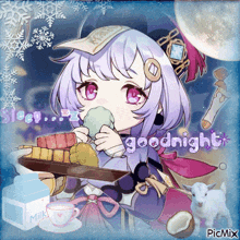 a picture of a girl holding a tray of food and the words goodnight