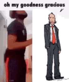 a man in a suit and tie is standing next to a cartoon of a man in a suit .