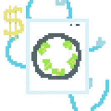 a pixel art illustration of a washing machine with a globe and a dollar sign around it