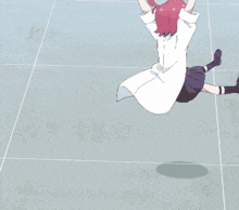 a girl with red hair and a white coat is flying through the air