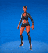 a woman in a black jacket and shorts is jumping in the air against a blue background
