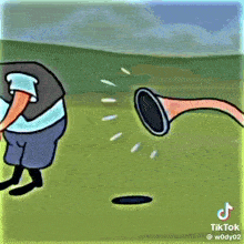 a cartoon of a man hitting a golf ball into a hole in the ground .