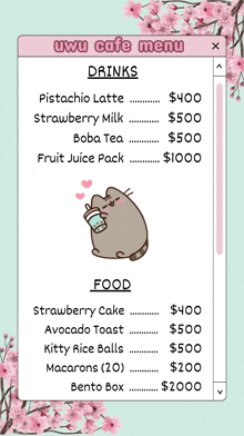 a menu for a uwu cafe with a cat drinking milk