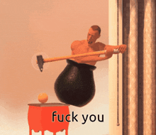 a cartoon of a man holding a hammer with the words " fuck you " above him