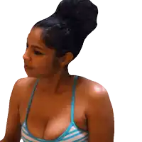 a woman with a bun in her hair is wearing a blue and white striped tank top
