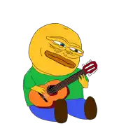 a yellow cartoon character is playing a guitar with a green shirt