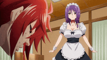 a girl with purple hair and a maid outfit stands in front of a red haired man