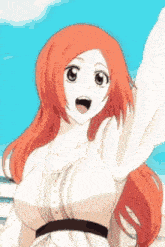 a girl with red hair is wearing a white dress and waving her hand in the air .