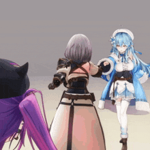 a girl with long blue hair is standing next to another girl