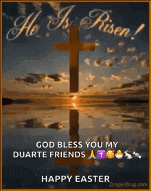a picture of a cross with the words `` he is risen ! ''