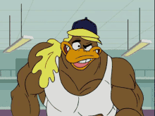 a cartoon duck wearing a white tank top and a hat