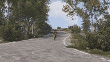 a person is walking down a road with trees on the side