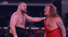 a couple of men are standing next to each other in a wrestling ring .