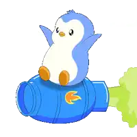 a penguin is sitting on top of a blue object
