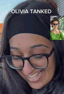 a woman wearing glasses and a headband with the name olivia tanked