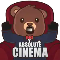 a teddy bear sitting in a red chair with the words absolute cinema written below him