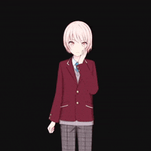 a boy with short white hair is wearing a red jacket