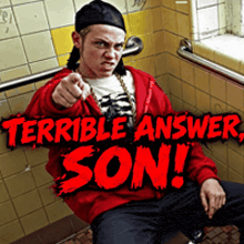 a man in a red jacket is pointing at the camera with the words terrible answer son written above him