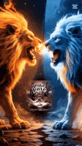 two lions are facing each other in front of a love love sign