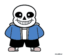 a cartoon drawing of a skeleton wearing a blue jacket and shorts