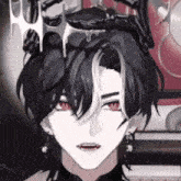 a close up of a person with a crown on their head .