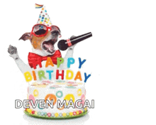a dog is singing into a microphone while wearing a party hat and sunglasses .