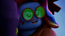 a cartoon character with a surprised look on her face wearing green glasses
