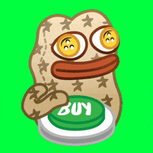a cartoon character is holding a green buy button