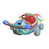 a colorful toy car with a red seat and blue wheels