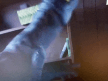 a blurred image of a person standing next to a shelf