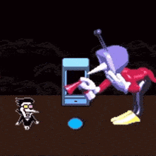 a cartoon character is shaking hands with another character in a game .