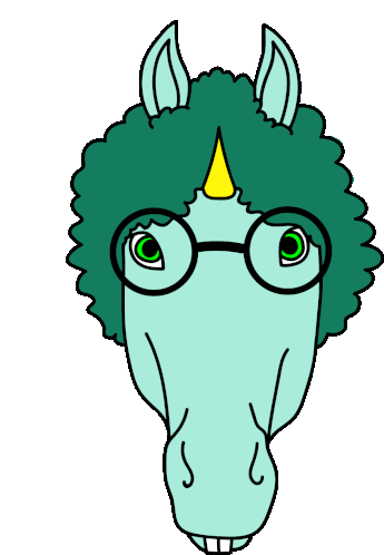 a cartoon drawing of a unicorn wearing glasses and a green afro