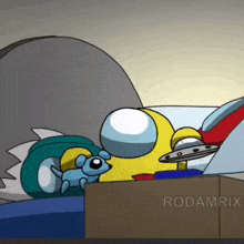 a cartoon of a shark , among us characters , a mouse and a ufo .