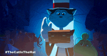 a cat in a top hat is holding a box with #thecatinthehat written on the bottom