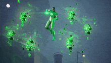 a man in a green superhero costume is flying through the air