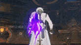 a man in a white coat is surrounded by purple lightning