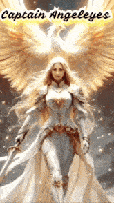 a painting of a woman with angel wings and the words captain angeleyes on the bottom