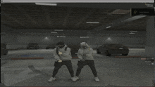 a screenshot of a video game shows two people standing in a parking lot
