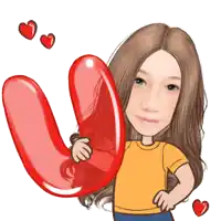 a cartoon girl holding a red letter u