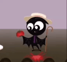 a cartoon bat wearing a hat and tie is holding a cane and a tomato .