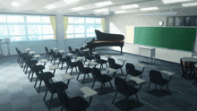 a classroom with chairs and a piano in the background