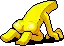 a pixel art illustration of a yellow frog laying on its back .