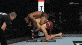 two men are wrestling in a cage with a referee in the background .