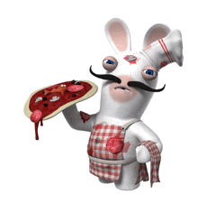 a cartoon rabbit with a chef hat and mustache holds a pizza