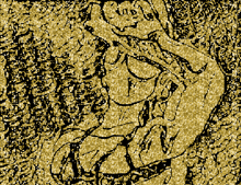 a drawing of a woman playing a flute with a black and gold background