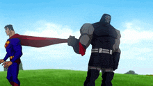 a cartoon of superman pulling a rope while standing next to a giant superhero