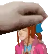 a pixel art of a person holding a girl 's head .