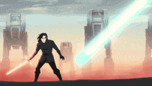 a cartoon of a man with a light saber