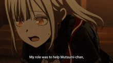 a girl in a black and red outfit with the words " my role was to help mutsumi-chan "