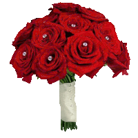 a bouquet of red roses with rhinestones on the stem